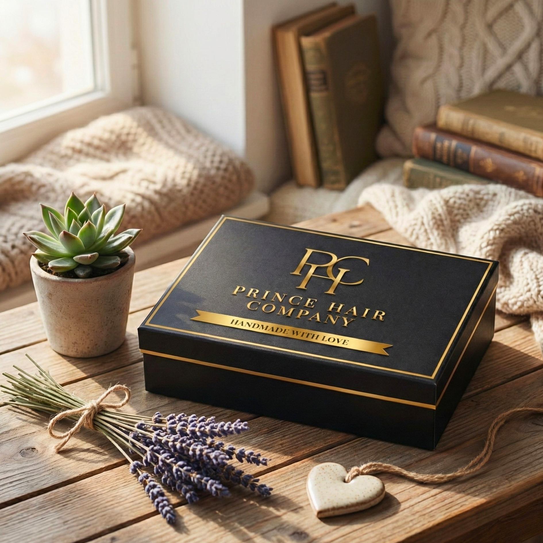 Prince Hair Company black and gold gift box on a rustic wooden table near a window, styled with a small succulent, a bundle of lavender, and cozy blankets in the background.