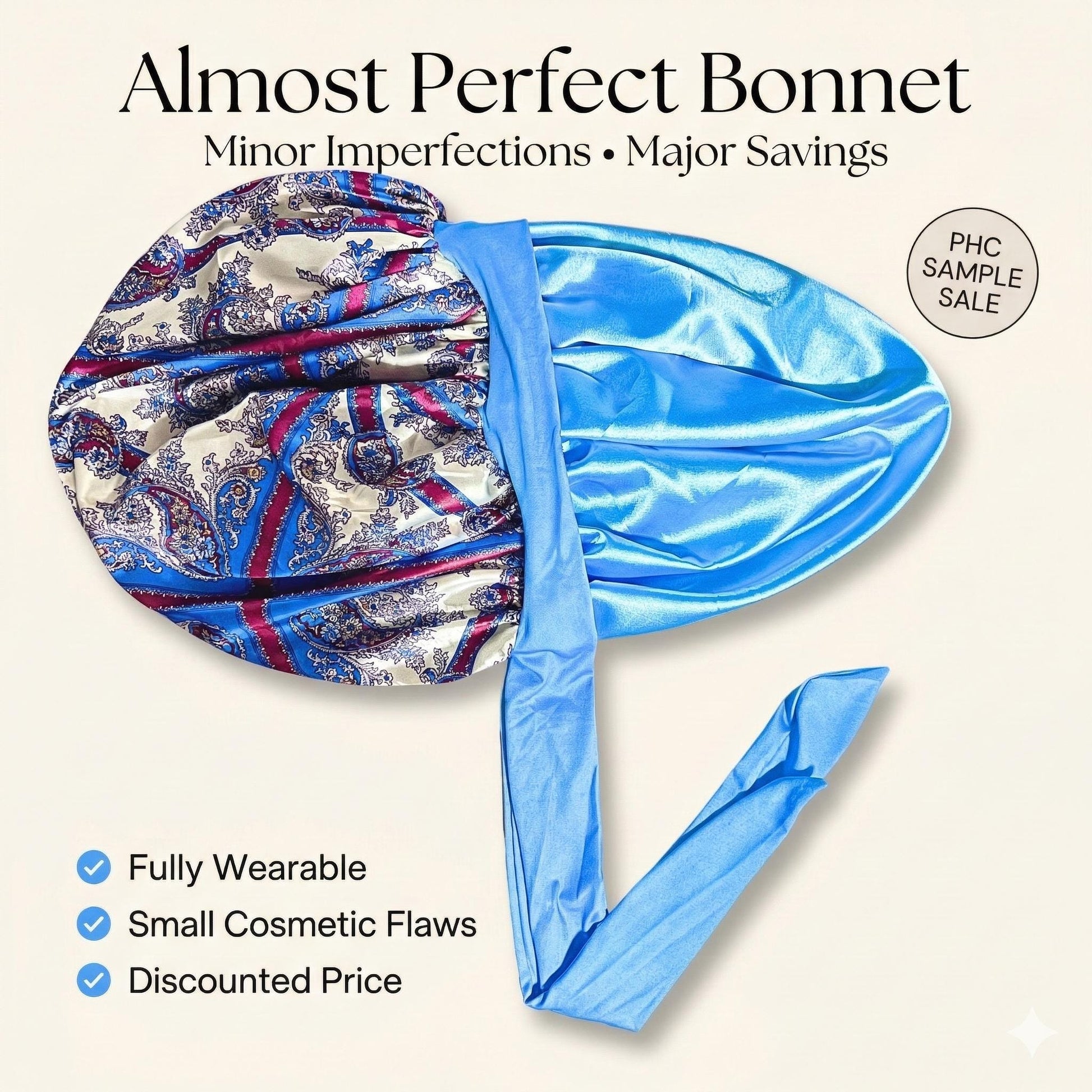 Paisley damask satin stretch-tie bonnet with light blue lining and long adjustable ties photographed flat against a light background.