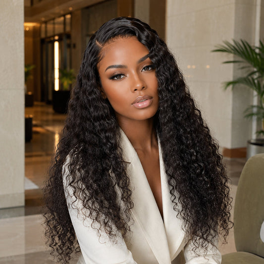 Black woman wearing Indian curly 13x6 frontal human hair wig