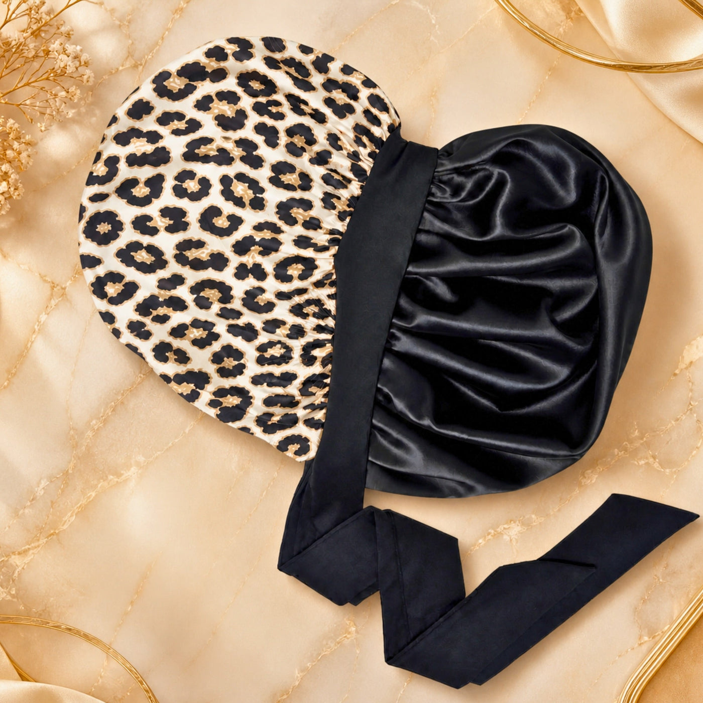 Original Stretch Tie satin bonnets in leopard print and black on gold satin