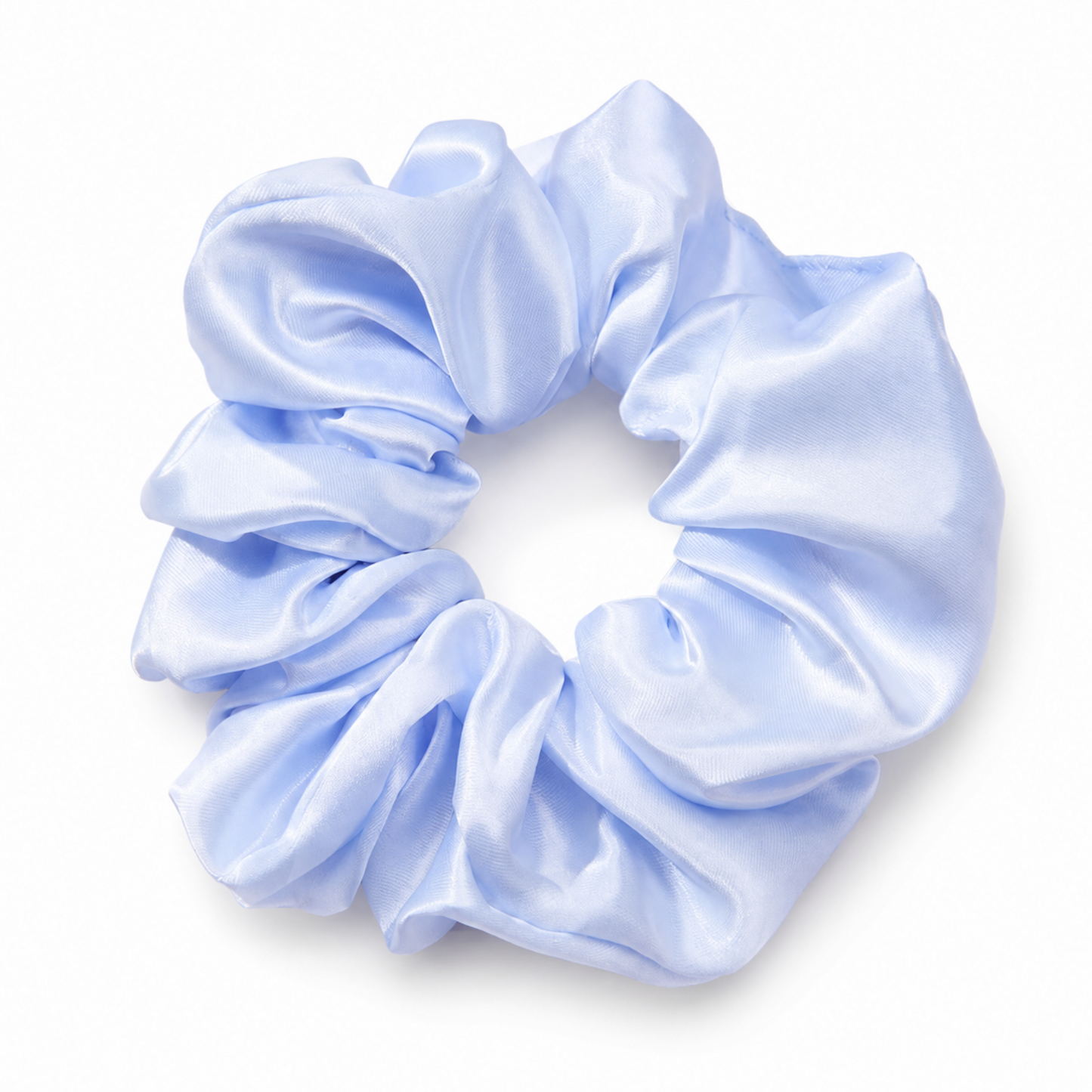 Oversized baby blue satin scrunchie on a clean white background