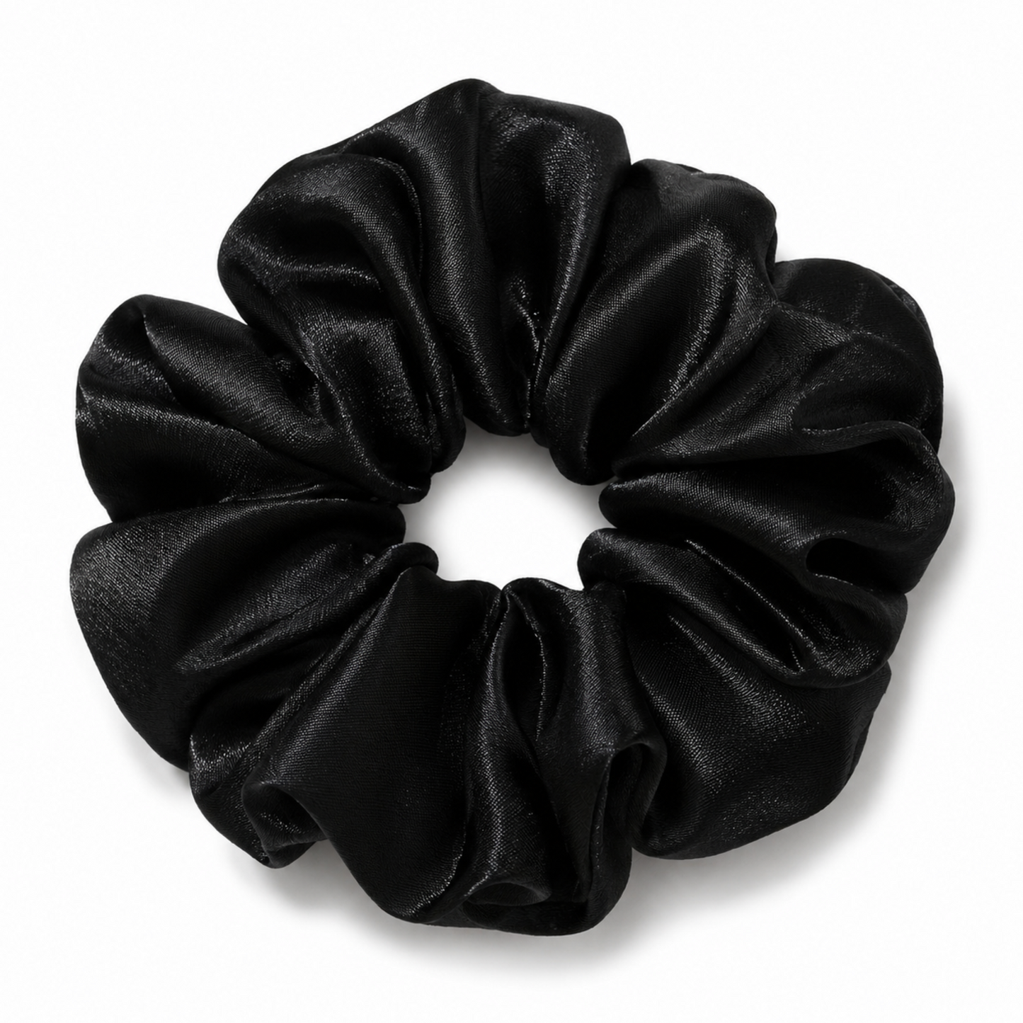 Oversized black satin scrunchie on a clean white background