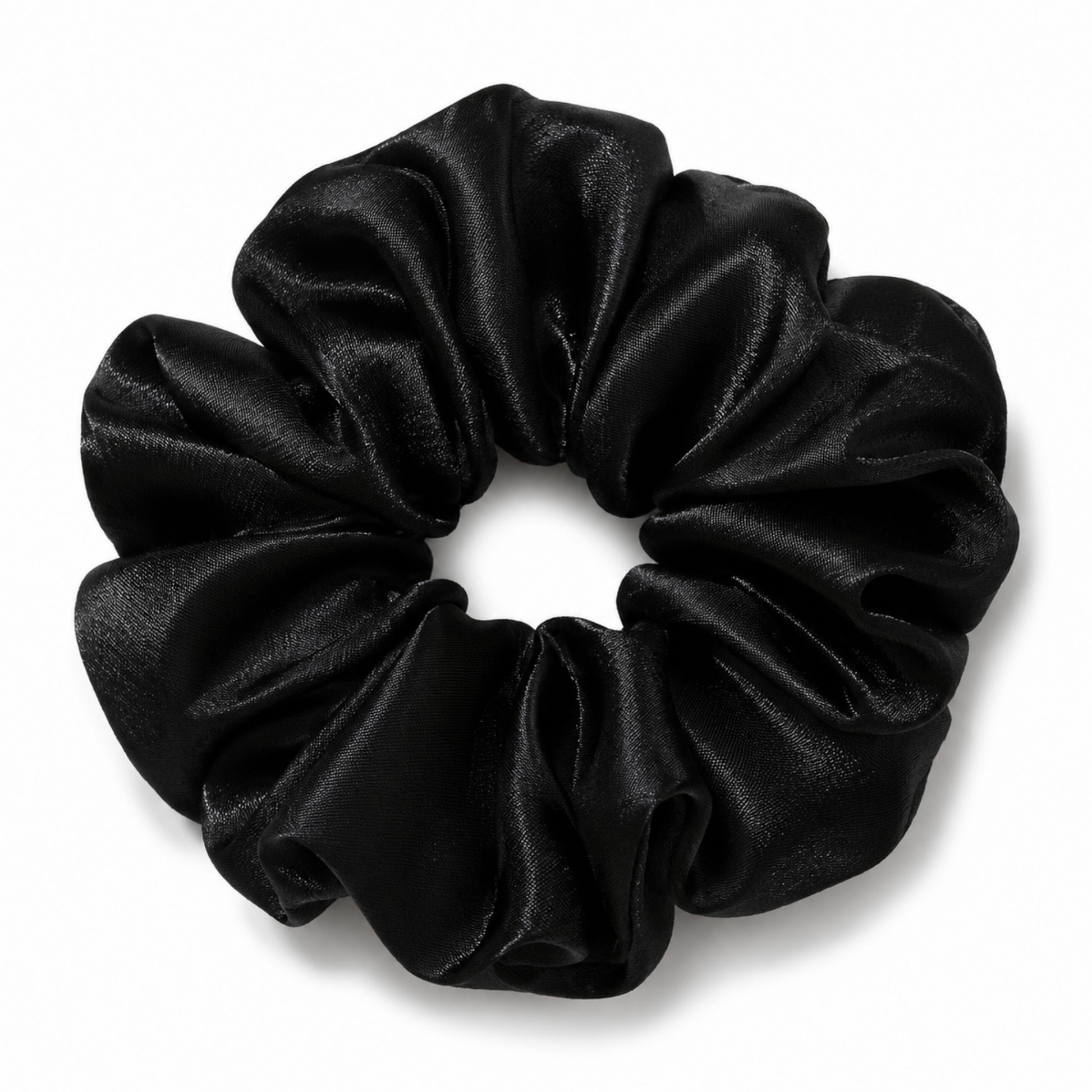 Oversized black satin scrunchie on a clean white background
