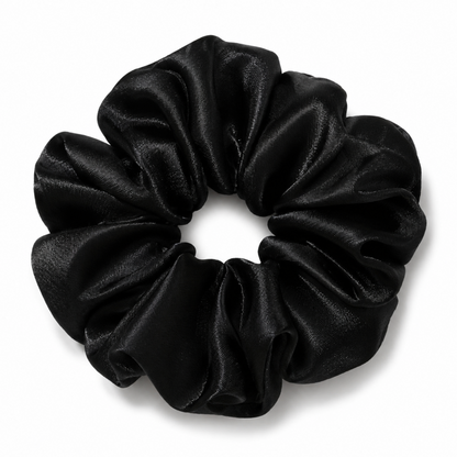 Oversized black satin scrunchie on a clean white background