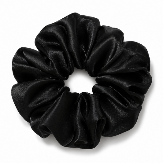 Oversized black satin scrunchie on a clean white background