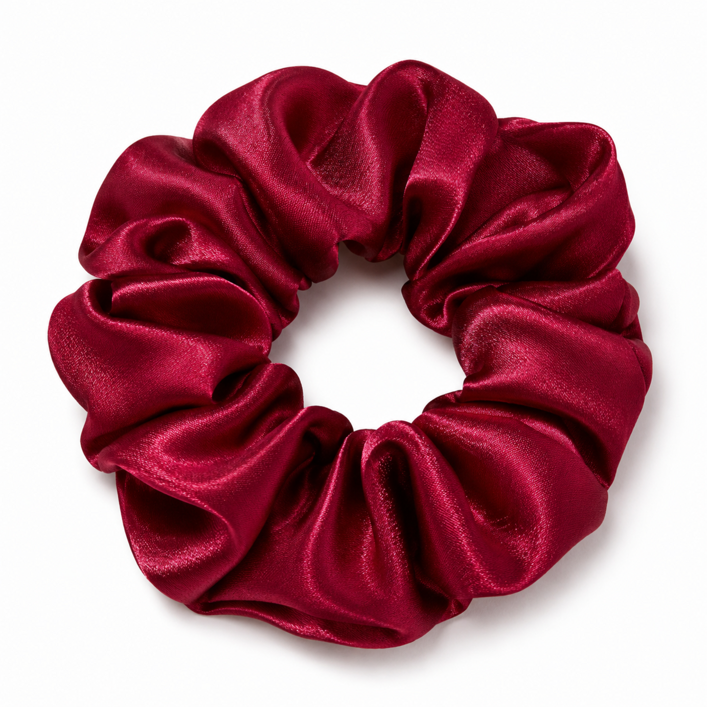 Oversized burgundy satin scrunchie on a clean white background
