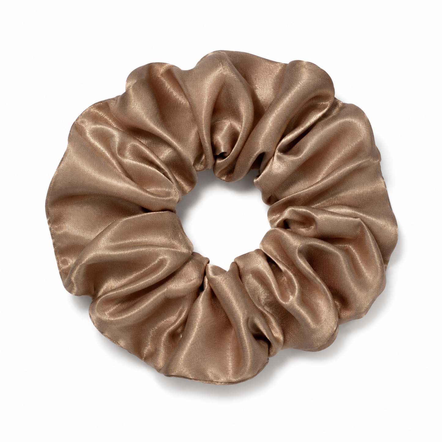 Oversized coffee brown satin scrunchie on a clean white background