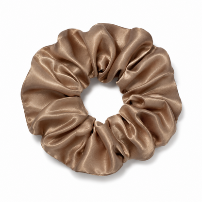 Oversized coffee brown satin scrunchie on a clean white background