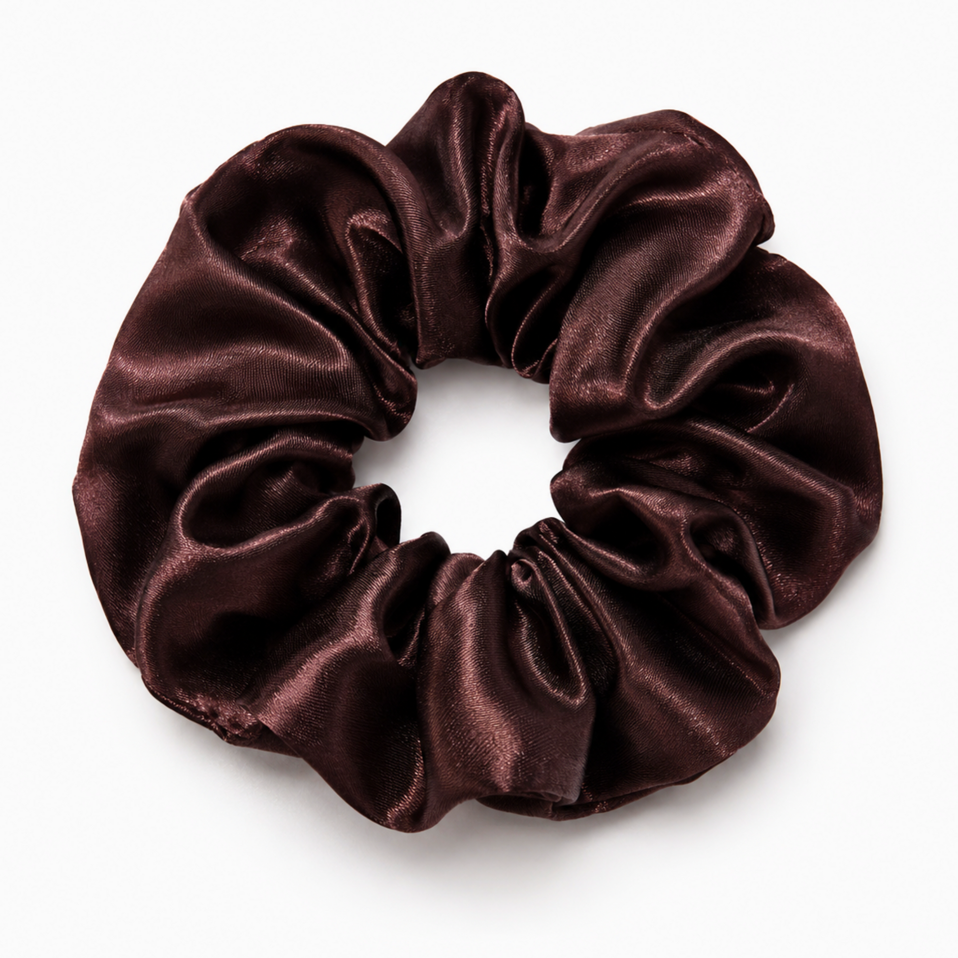 Oversized mocha brown satin scrunchie on a clean white background