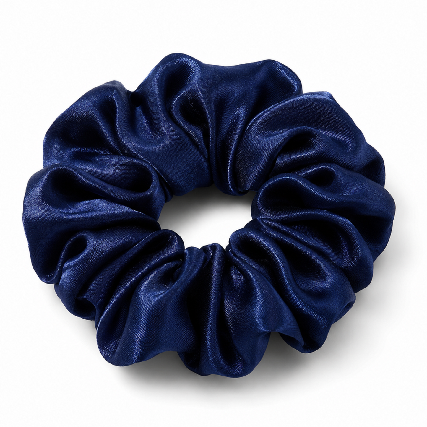 Oversized navy blue satin scrunchie on a clean white background
