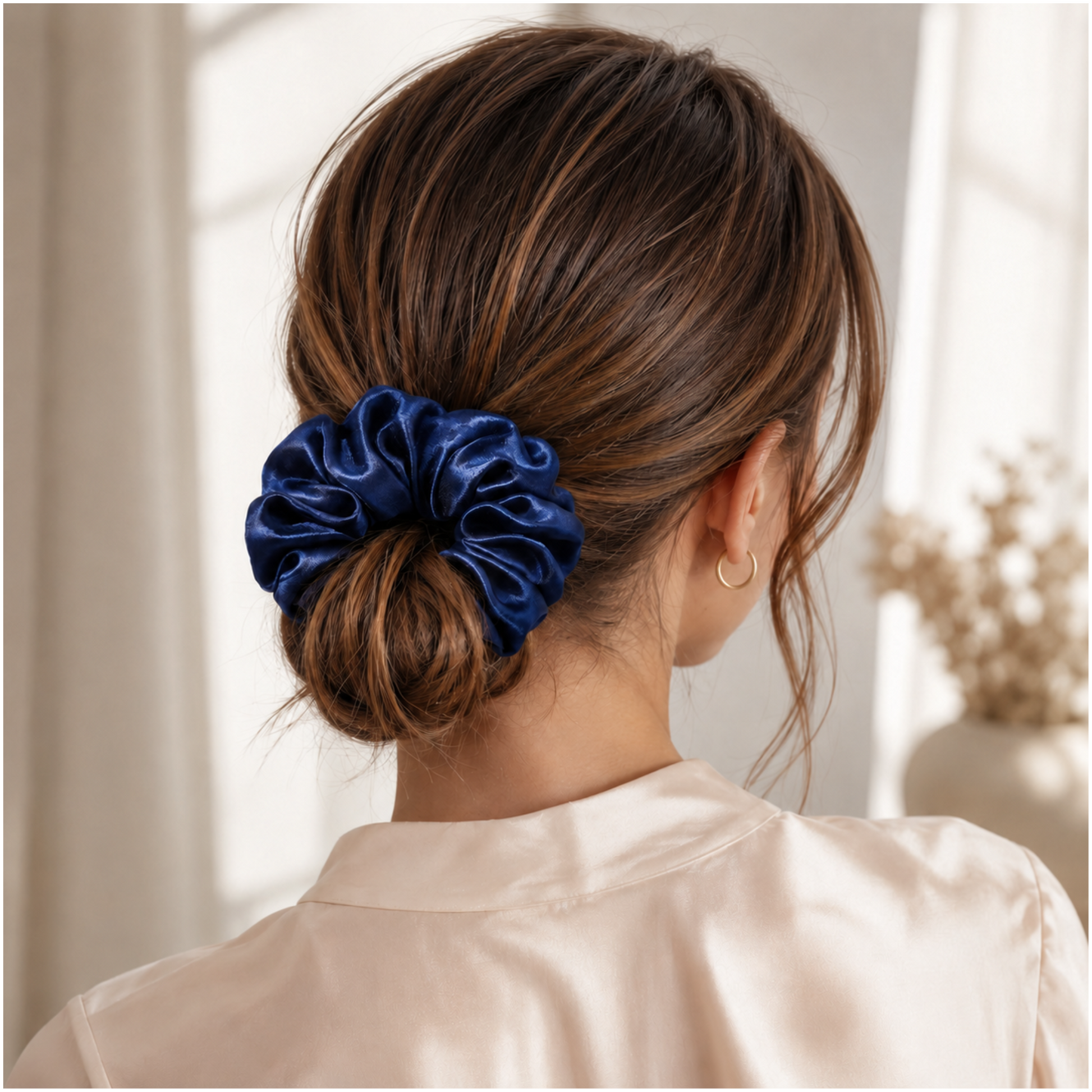 Woman wearing a large navy satin scrunchie in a low bun