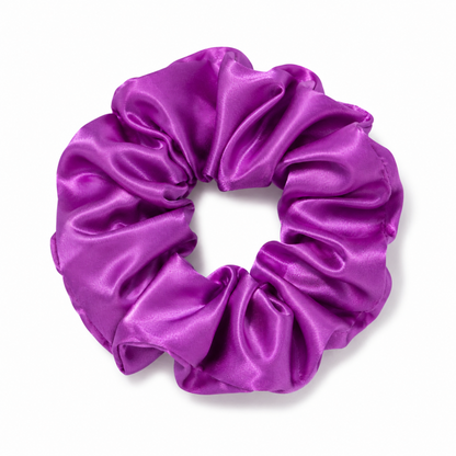 Oversized plum purple satin scrunchie on a clean white background
