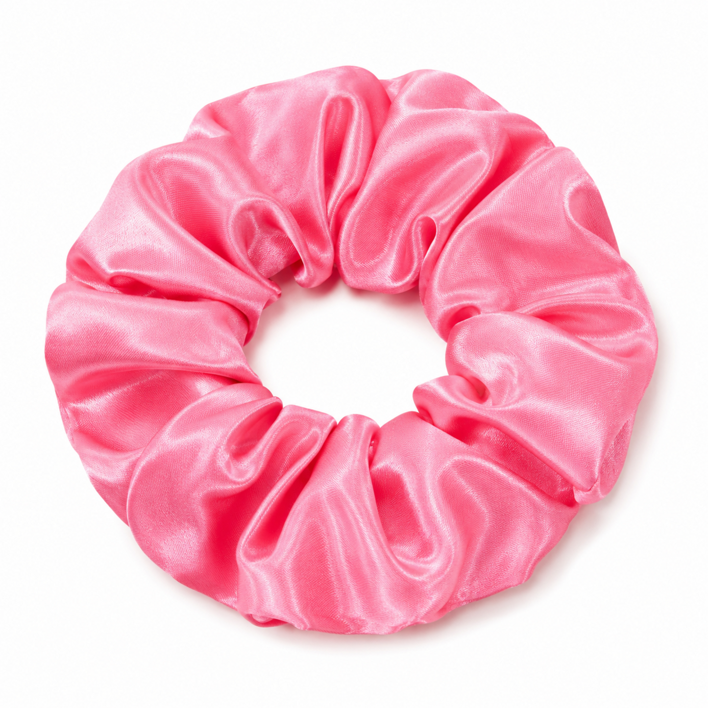 Oversized punch pink satin scrunchie on a clean white background