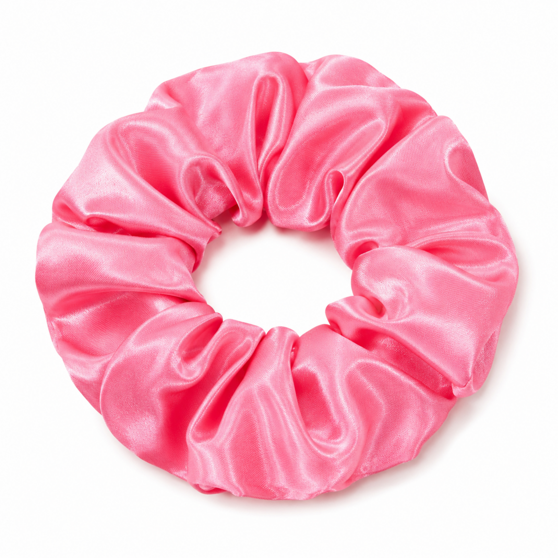 Oversized punch pink satin scrunchie on a clean white background