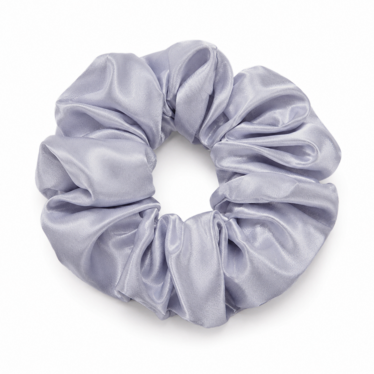 Oversized silver satin scrunchie on a clean white background