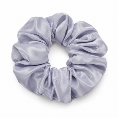 Oversized silver satin scrunchie on a clean white background