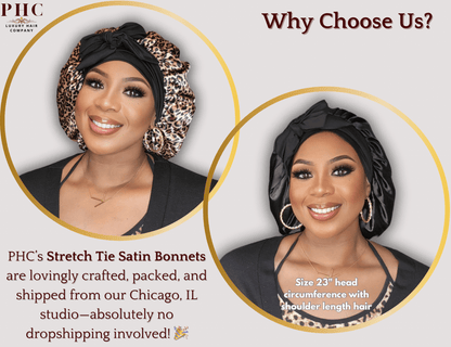 Leopard & Black Satin - Lined Stretch Tie Bonnet For All Hair Types - PHC