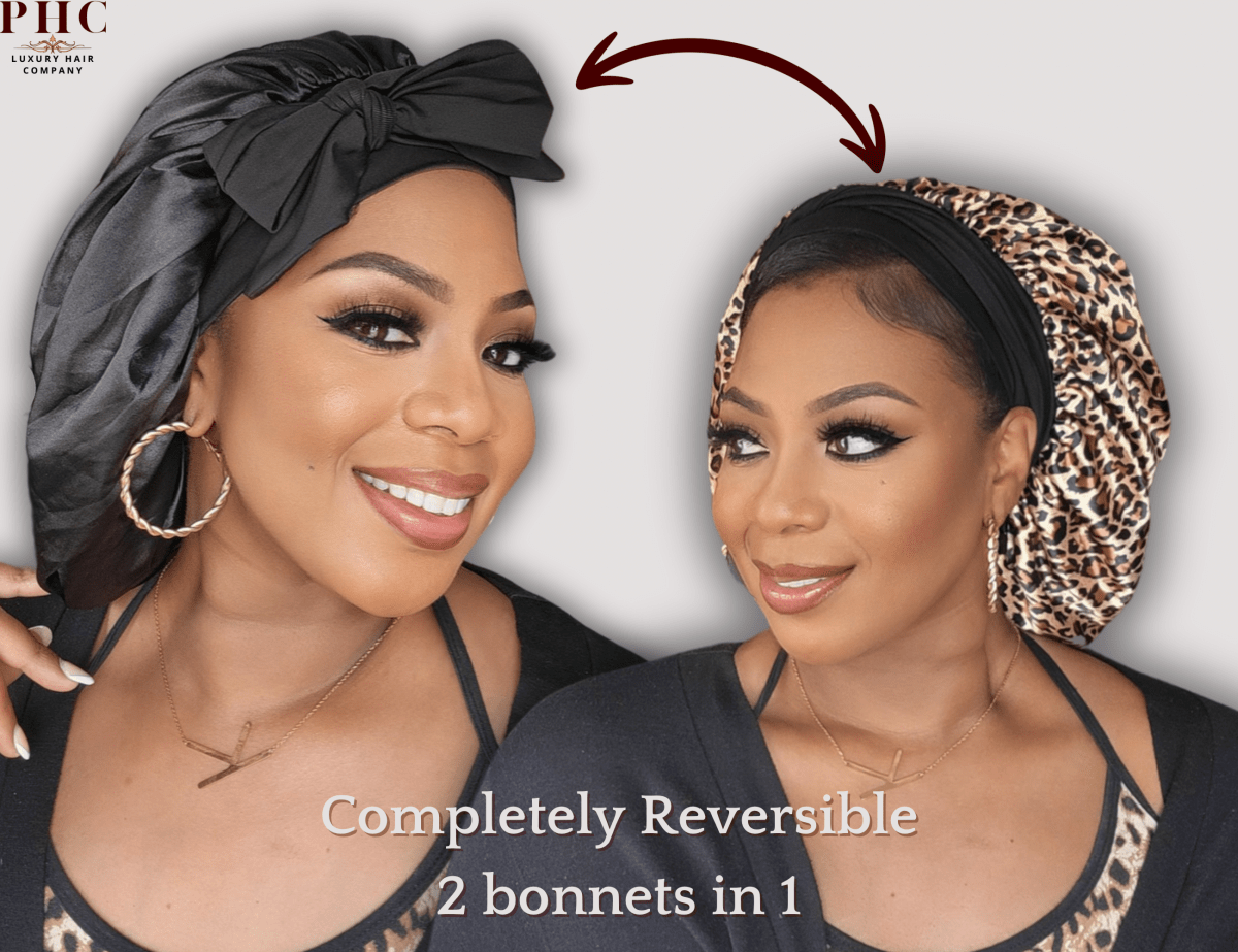 Leopard & Black Satin - Lined Stretch Tie Bonnet For All Hair Types - PHC