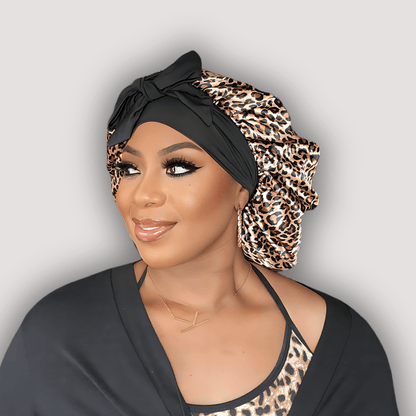 Leopard & Black Satin - Lined Stretch Tie Bonnet For All Hair Types - PHC