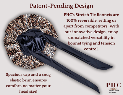 Leopard & Black Satin - Lined Stretch Tie Bonnet For All Hair Types - PHC