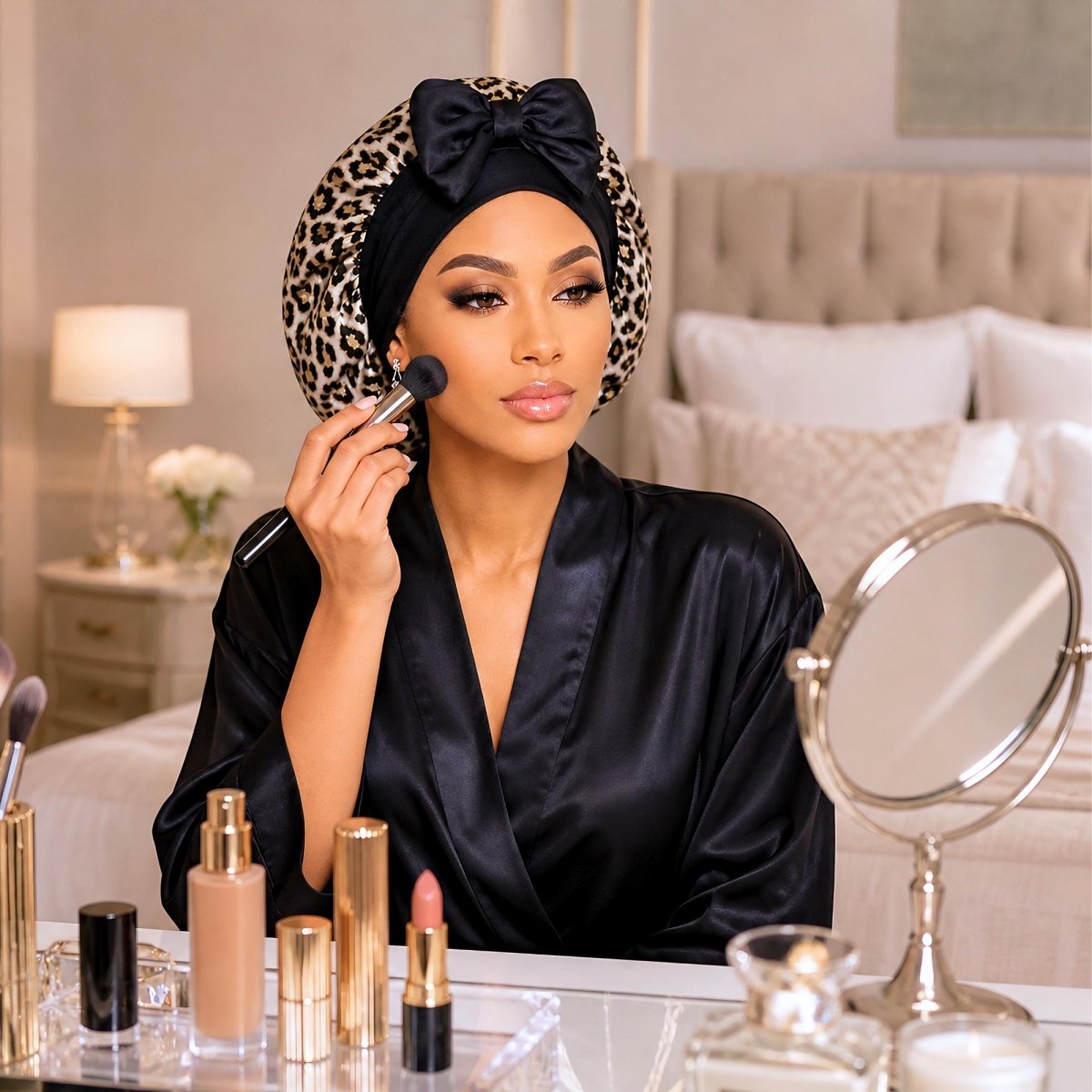 Leopard Satin Bonnet for Sleeping, Reversible Silk Infused Hair Bonnet, Double Layer Sleep Cap for Natural Hair, Curls, Braids, & Locs - PHC