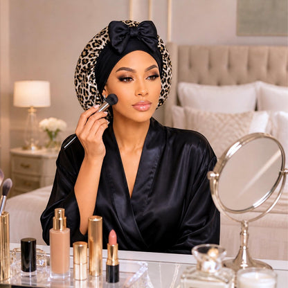 Leopard Satin Bonnet for Sleeping, Reversible Silk Infused Hair Bonnet, Double Layer Sleep Cap for Natural Hair, Curls, Braids, & Locs - PHC