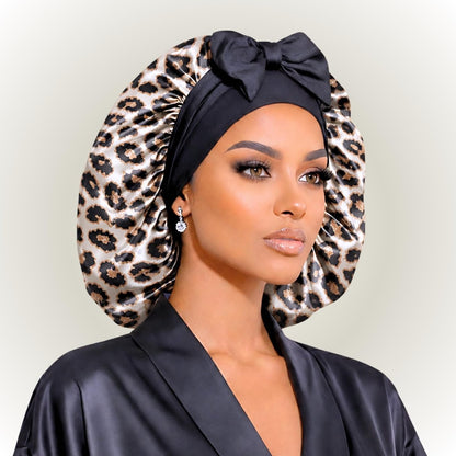 Leopard Satin Bonnet for Sleeping, Reversible Silk Infused Hair Bonnet, Double Layer Sleep Cap for Natural Hair, Curls, Braids, & Locs - PHC