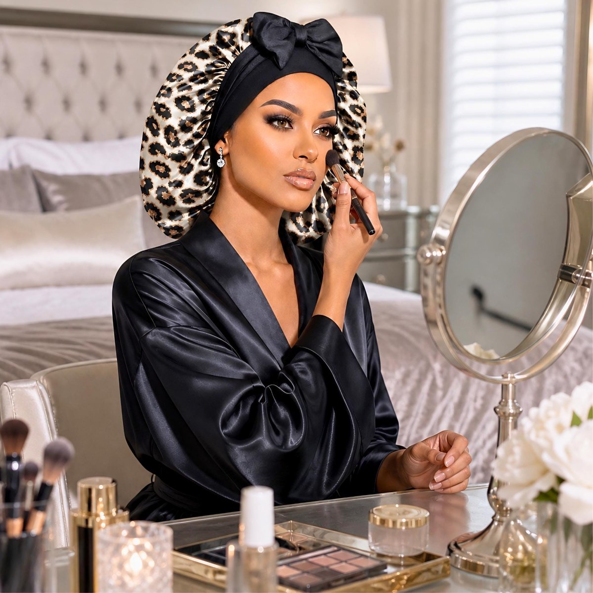 Leopard Satin Bonnet for Sleeping, Reversible Silk Infused Hair Bonnet, Double Layer Sleep Cap for Natural Hair, Curls, Braids, & Locs - PHC