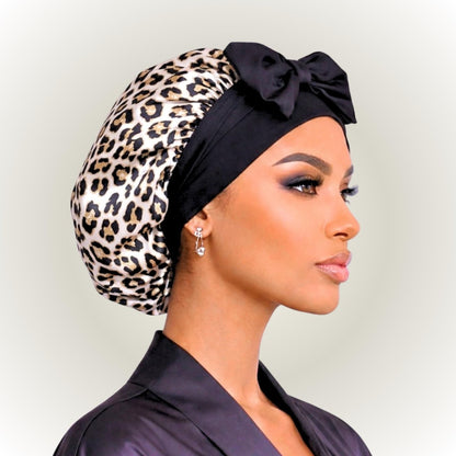 Leopard Satin Bonnet for Sleeping, Reversible Silk Infused Hair Bonnet, Double Layer Sleep Cap for Natural Hair, Curls, Braids, & Locs - PHC