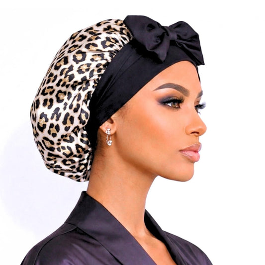 Leopard Original Stretch Tie satin bonnet by Prince Hair Company — adjustable, stays on all night for curls, braids & locs