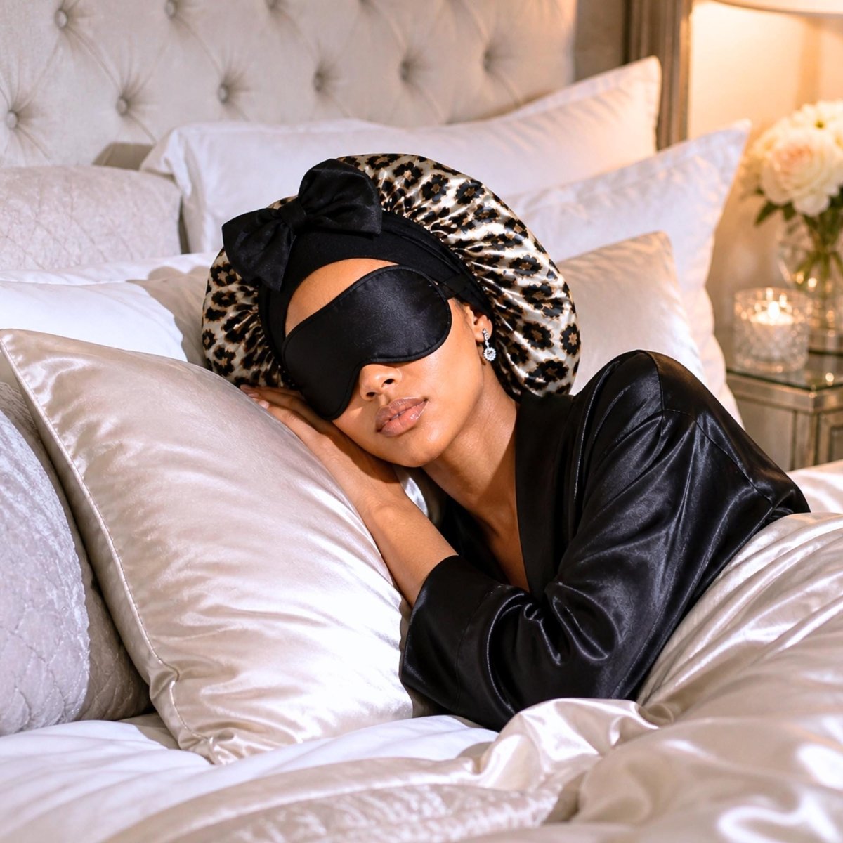 Leopard Satin Bonnet for Sleeping, Reversible Silk Infused Hair Bonnet, Double Layer Sleep Cap for Natural Hair, Curls, Braids, & Locs - PHC