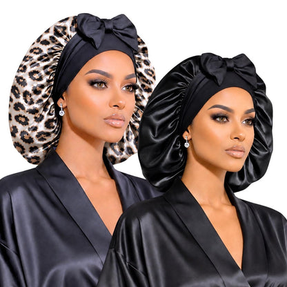 Leopard Satin Bonnet for Sleeping, Reversible Silk Infused Hair Bonnet, Double Layer Sleep Cap for Natural Hair, Curls, Braids, & Locs - PHC