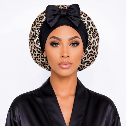 Leopard Satin Bonnet for Sleeping, Reversible Silk Infused Hair Bonnet, Double Layer Sleep Cap for Natural Hair, Curls, Braids, & Locs - PHC