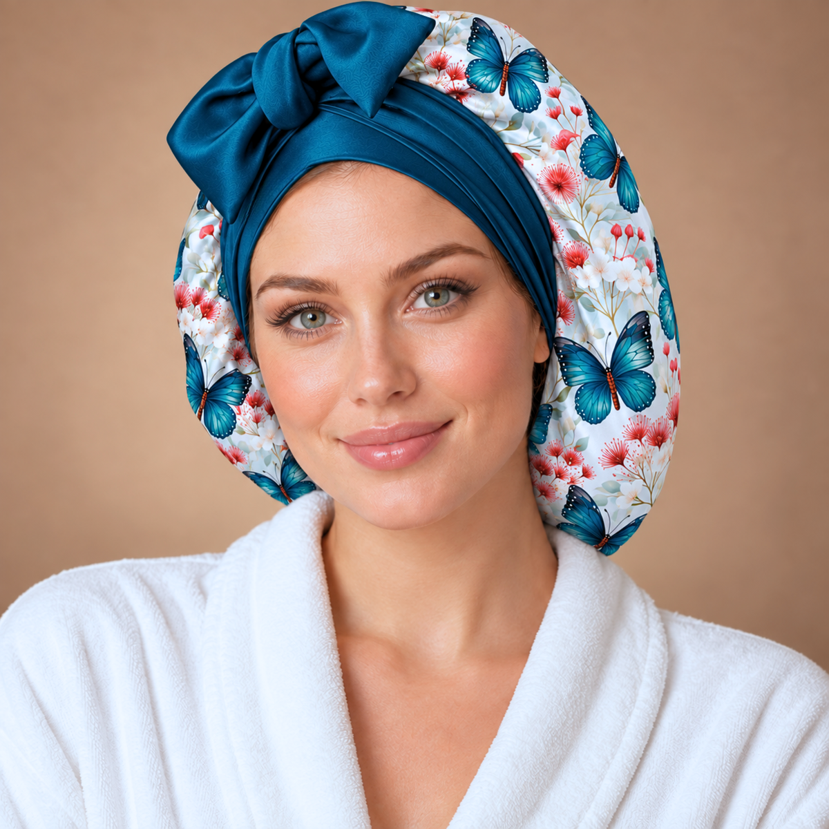 Front view of a Butterfly Bloom bonnet with blue butterflies, flowers and teal bow