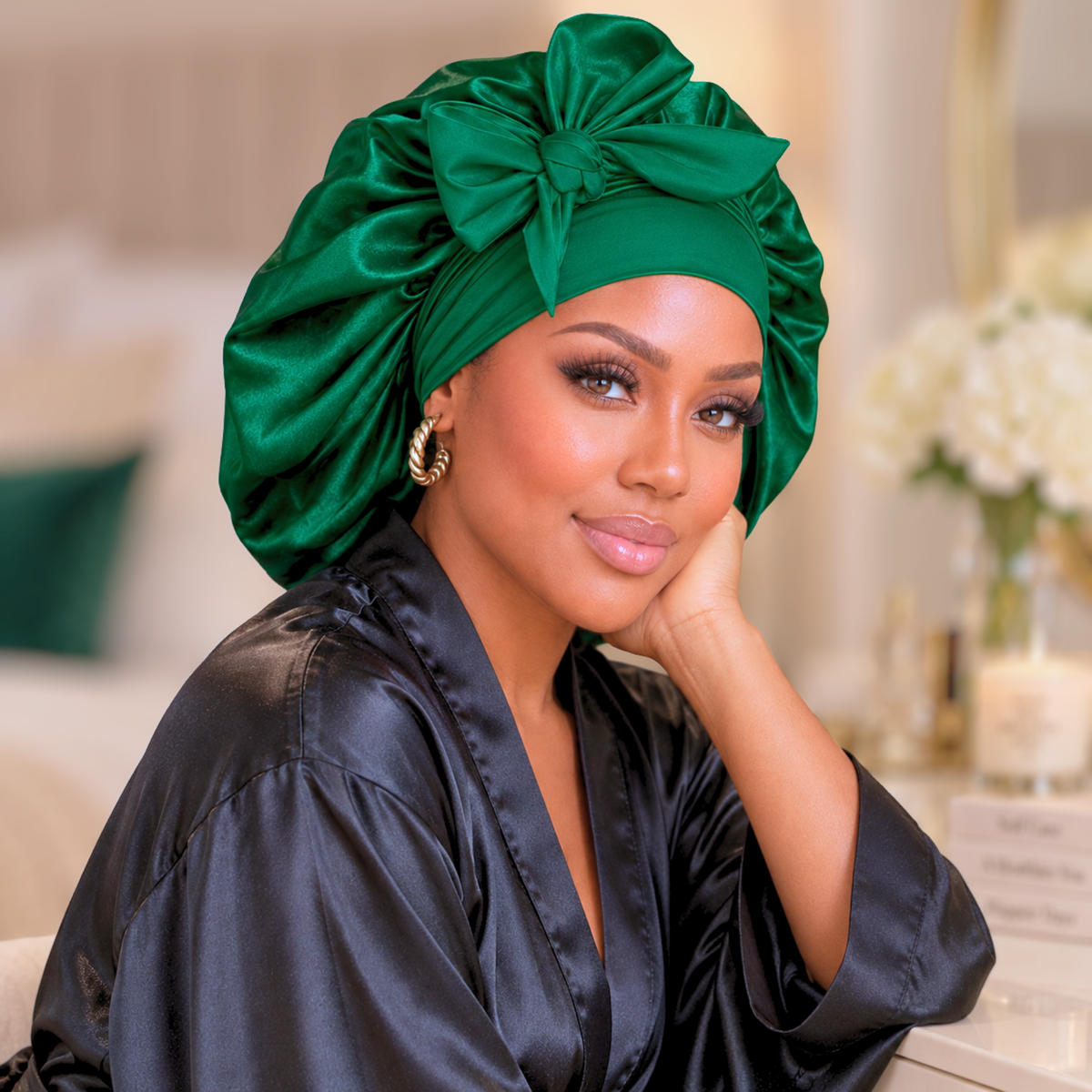 Large hunter green satin bonnet with matching bow, worn in a bedroom