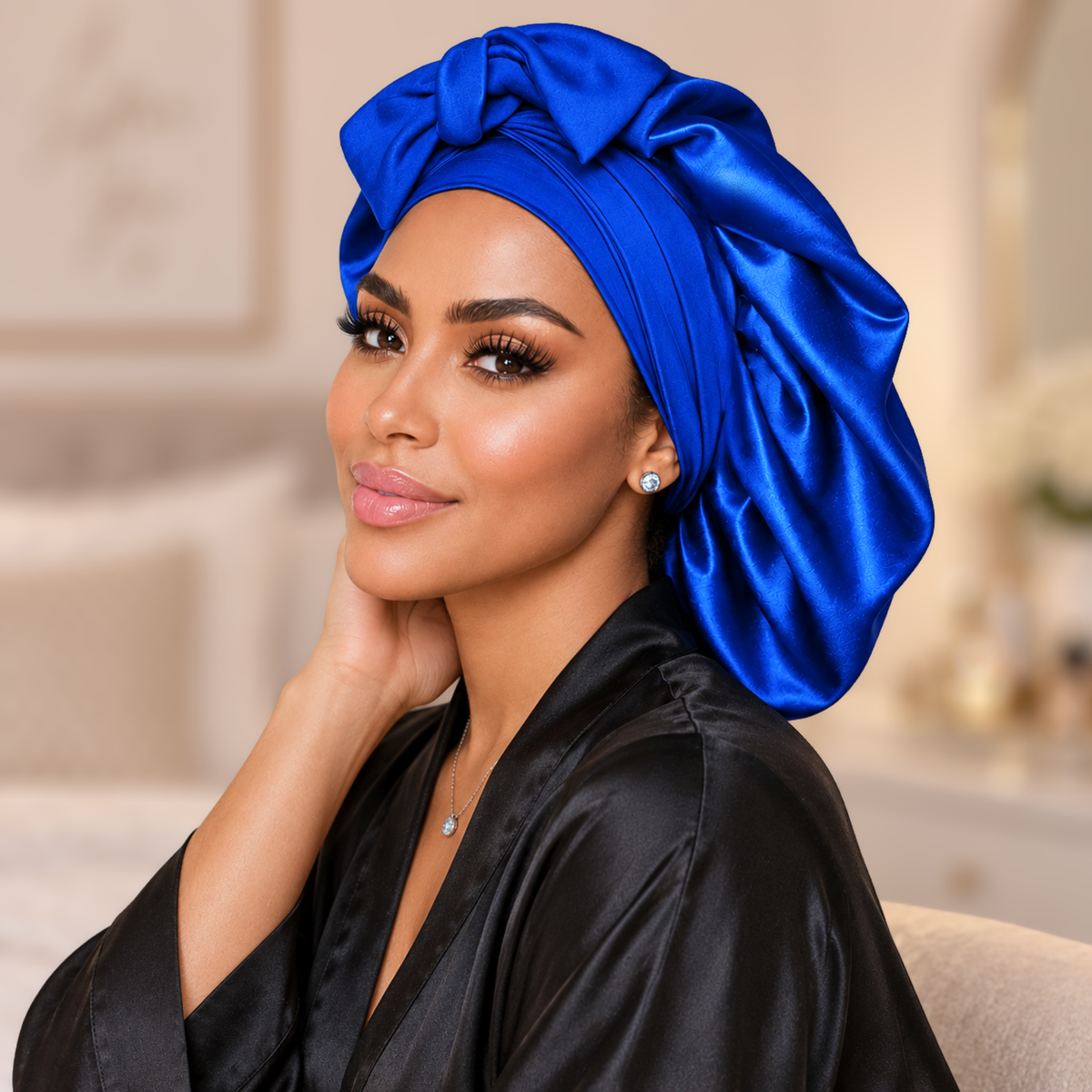 Large royal blue satin bonnet with matching bow, worn beside a vanity