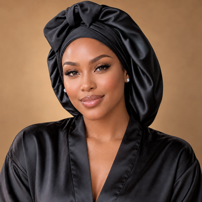 Black silk-blend satin bonnet with stretch ties, large size – front view on a woman in a black satin robe, warm beige backdrop
