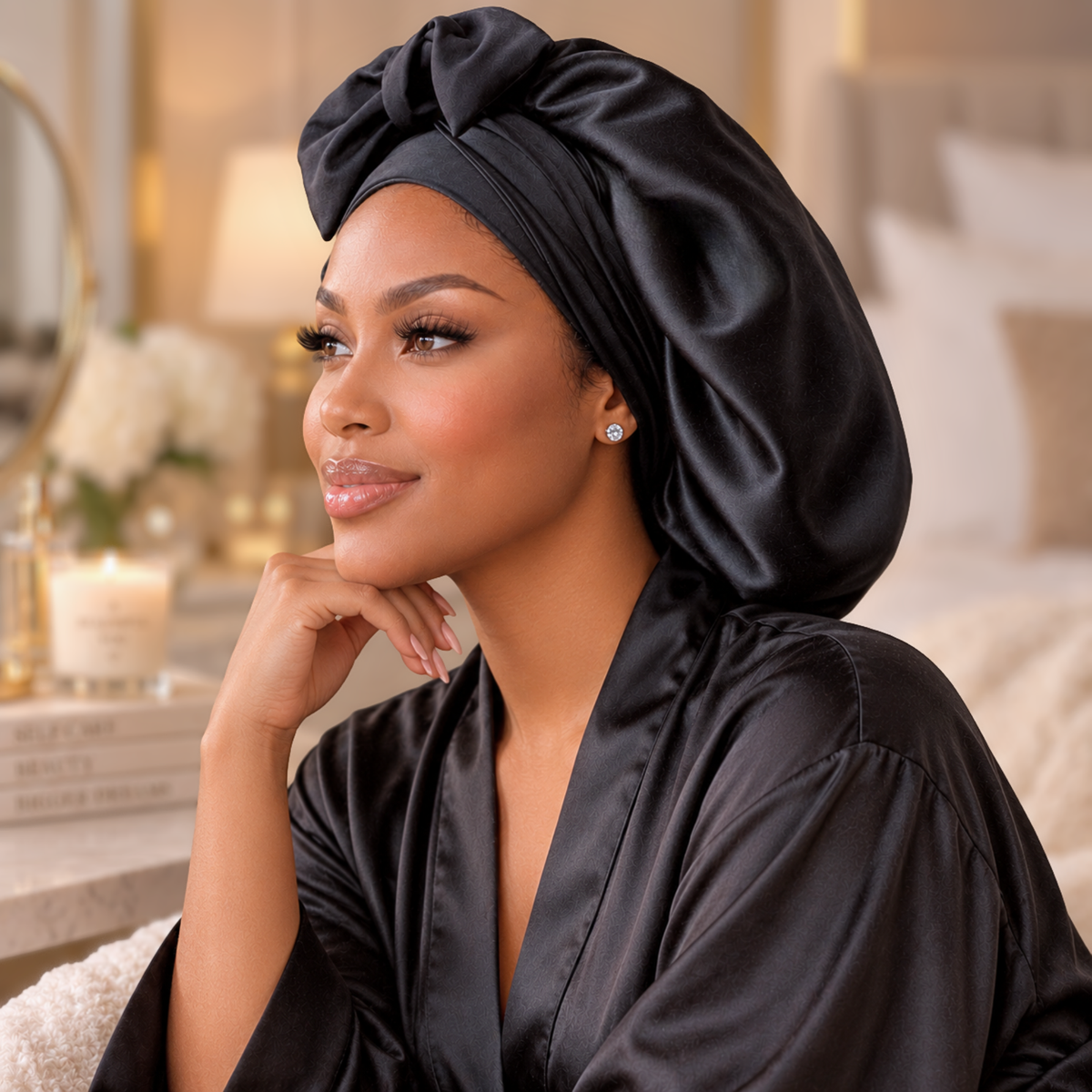 Black silk-blend satin bonnet with stretch ties, large size – side profile showing the stretch tie band, worn in a cozy bedroom