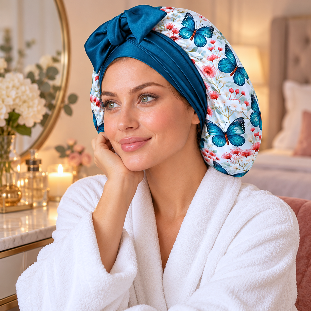 Butterfly Bloom silk-blend satin bonnet with stretch ties, large size – teal bow with blue butterfly print, worn with a white robe