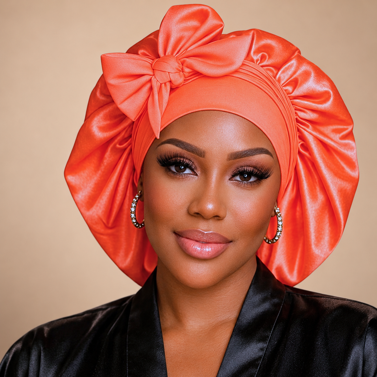 Front view of a neon orange satin bonnet with a large matching bow