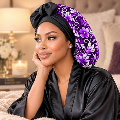 Purple Floral Swirl silk-blend satin bonnet with stretch ties, large size – worn in a softly lit bedroom in a black satin robe