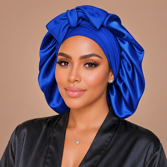 Royal Blue silk-blend satin bonnet with stretch ties, large size – front view of the gathered crown and bow, worn with a black satin robe