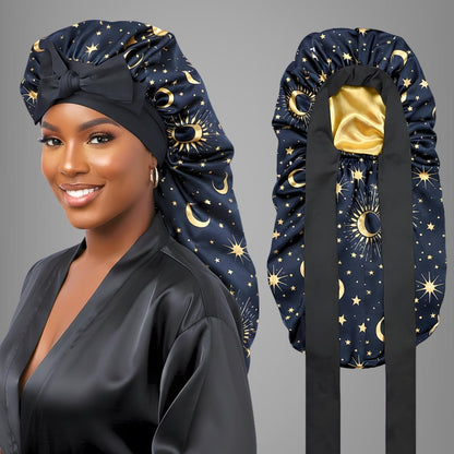 Long Stretch Tie Celestial Print Satin Bonnet - PHC