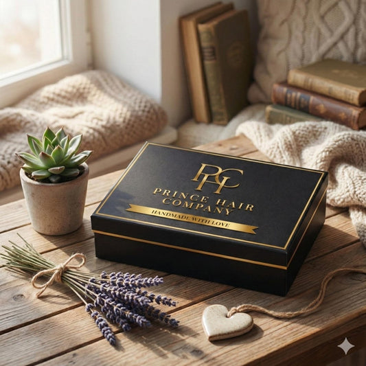 Black Prince Hair Company gift box with gold lettering and a ribbon
