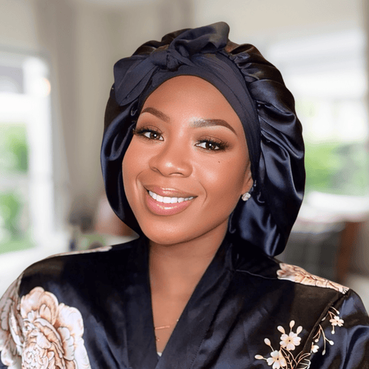 Luxury Handmade Charmeuse Silk Satin Lined Hair Bonnet with Long Stretch Ties - Black - PHC