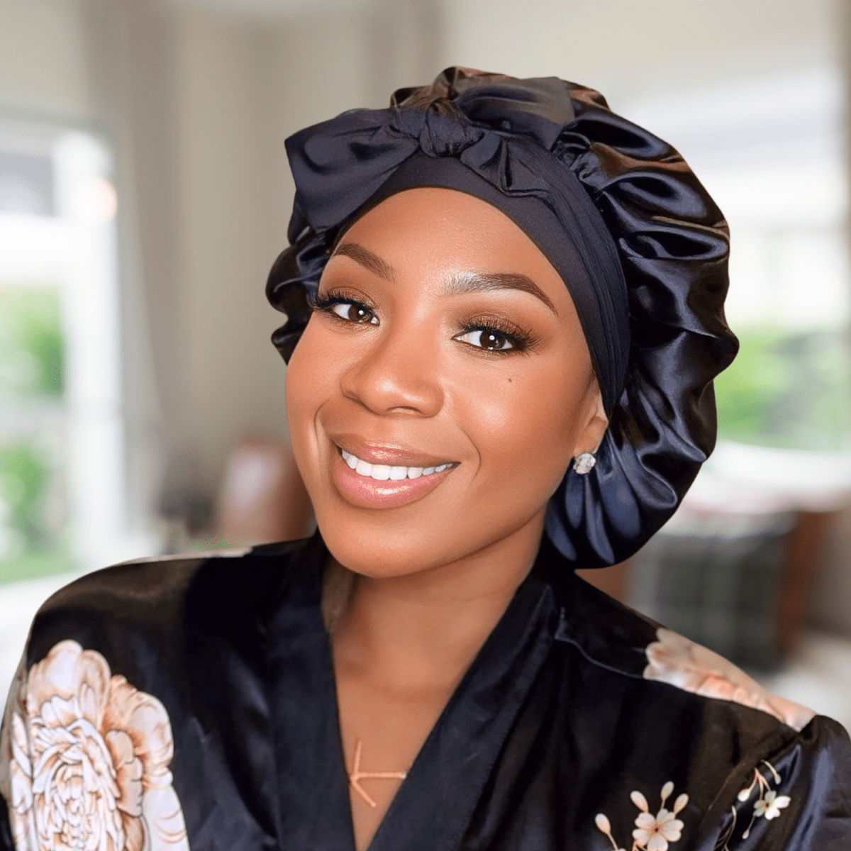 Luxury Handmade Charmeuse Silk Satin Lined Hair Bonnet with Long Stretch Ties - Black - PHC