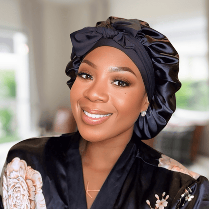 Luxury Handmade Charmeuse Silk Satin Lined Hair Bonnet with Long Stretch Ties - Black - PHC