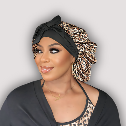 Leopard & Black Satin-Lined Stretch Tie Bonnet For All Hair Types