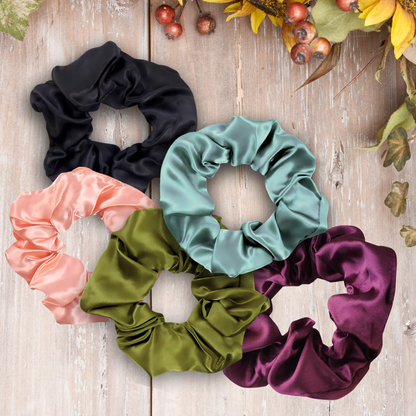 Handmade satin scrunchies in vibrant colors