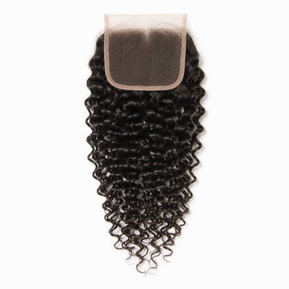 Malaysian Deep Curly 4x4 Swiss lace closure in natural black virgin human hair